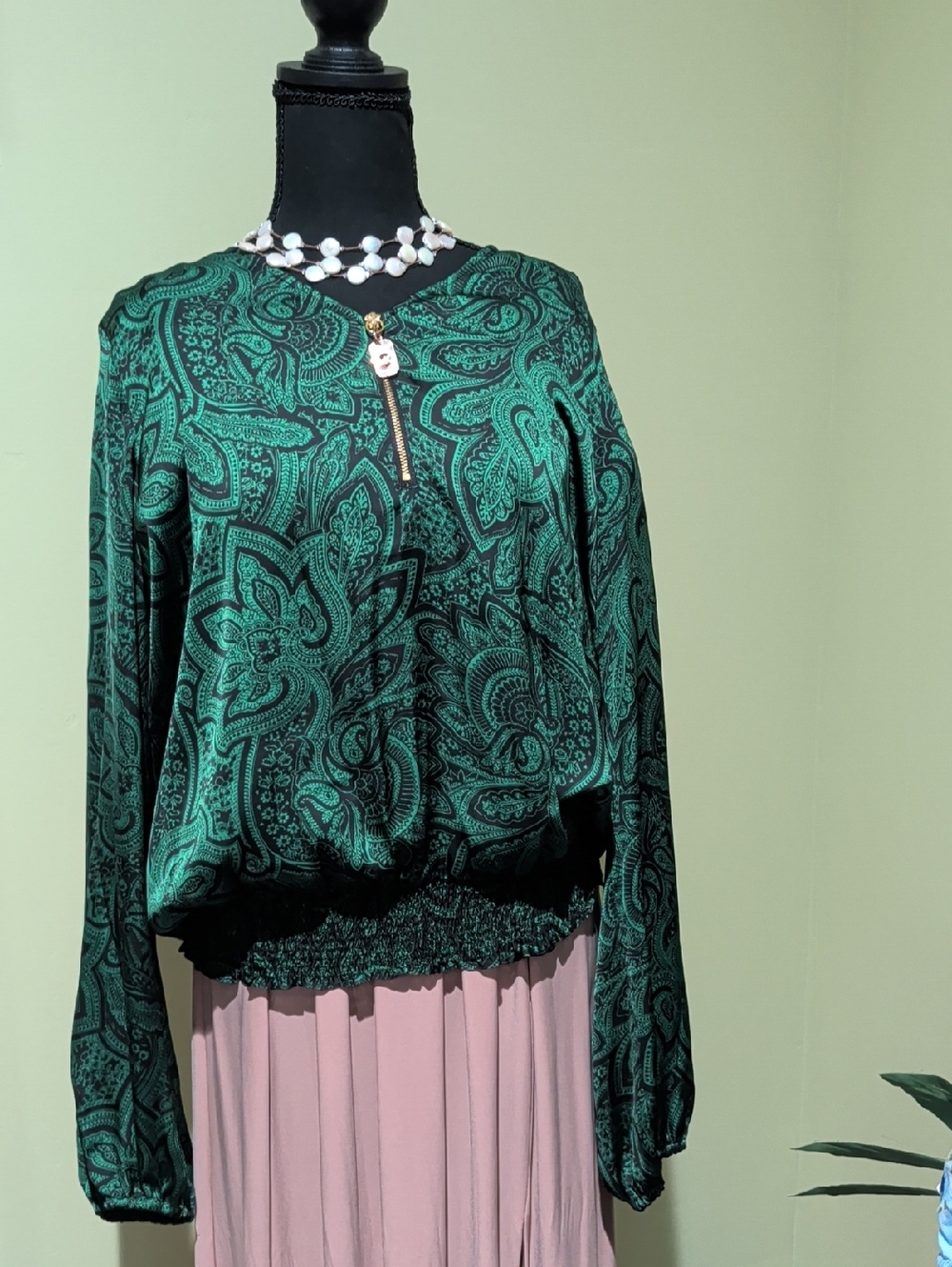Michael Kors Green Paisley Zip-Front Pullover
